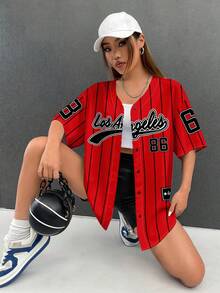 SHEIN EZwear 女士休闲简约比赛日棒球服宽松纽扣短袖衬衫，适合夏季 - 紅色 - 查看 7