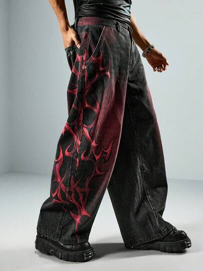 Street Life Jeans de corte holgado con bolsillo con espinas en rojo y negro para hombre