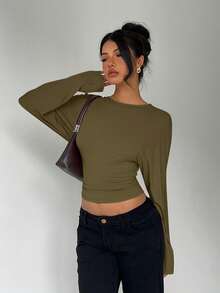 Aloruh 女士纯色长袖休闲短款T恤，收腰设计，宽松上衣，适合秋冬季穿着 - 軍綠色 - 查看 8