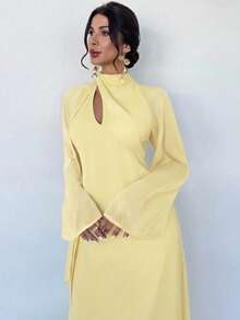 Firerie Vestido elegante para mujer de vacaciones y uso diario casual, manga larga asimétrica, cuello con lazo, cintura calada, corte ajustado y acampanado, amarillo pálido, verano, invitada de boda - amarillo ganso - Ver 6