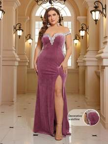 SHEIN Belle Plus Size V-Neck Sleeveless Embroidered Sequin Patchwork High Slit Korean Velvet Formal Gown (Heavy Embellishment) - Dusty Pink - View 3