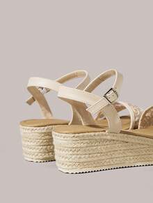 Styleloop Women's Fashion Round Toe Straw Braided Platform Shallow Apricot Mesh Embroidered Ankle Strap Open Toe Sandals, Casual, Vacation, Commute, Music Festival - Apricot - View 4
