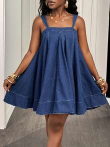 Slaydiva Women's Casual Vacation Flowy Hem Denim Cami Dress, Suitable For Daily Commute - Blue - View 4