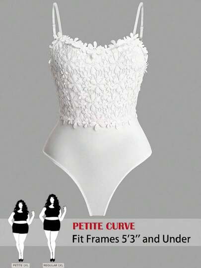 SHEIN DreamScene Plus Size Solid Color Lace Patchwork Applique Elegant Bodysuit