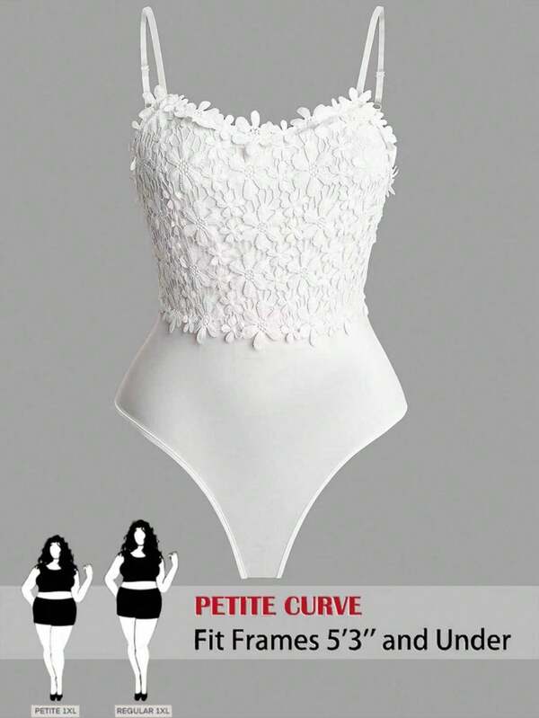 SHEIN DreamScene Plus Size Solid Color Lace Patchwork Applique Elegant Bodysuit