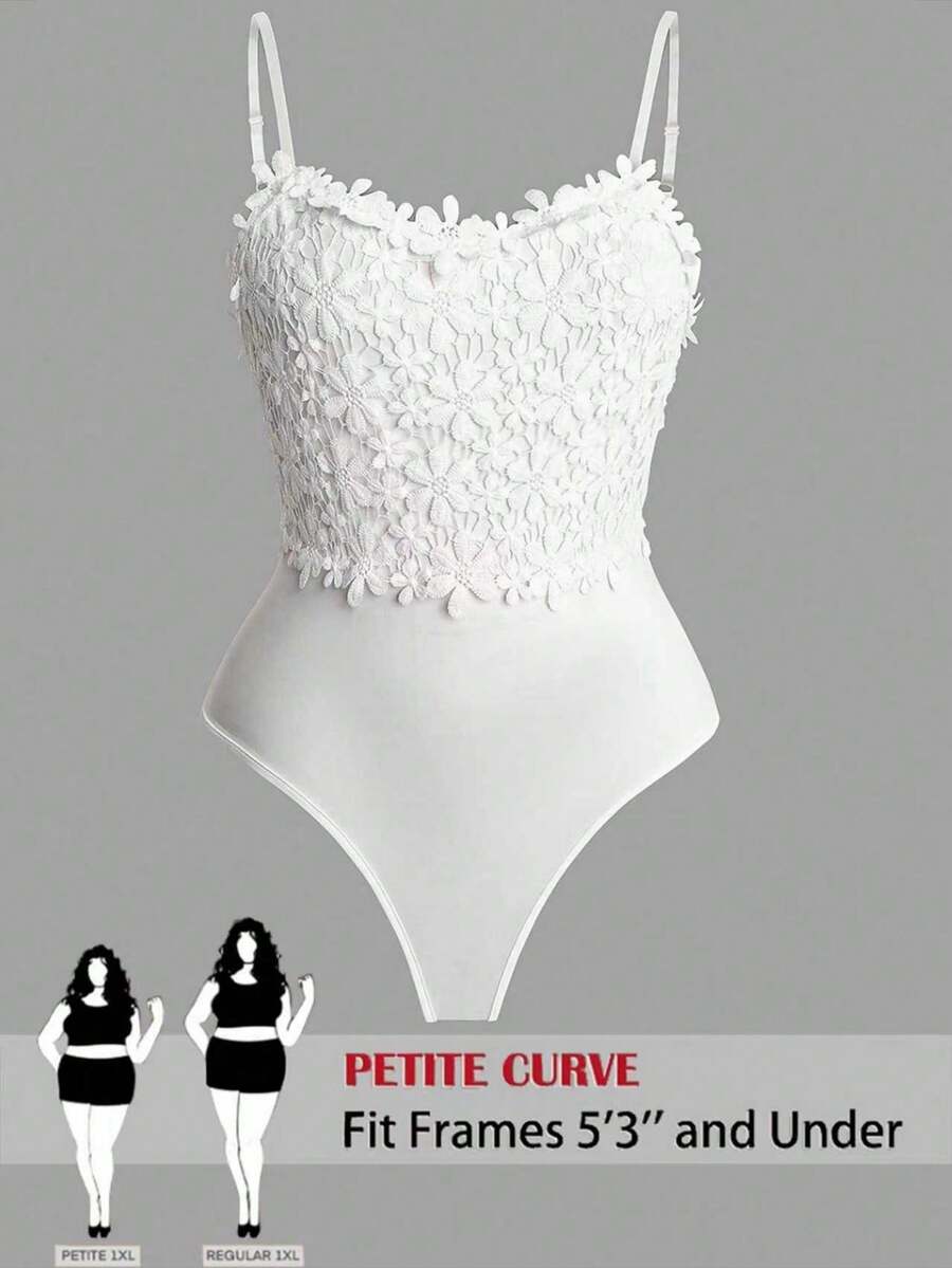 SHEIN DreamScene 大码纯色蕾丝拼接贴花优雅连体衣