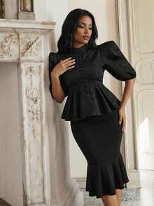 Anewsta Women's Elegant Palace-Style High-End Jacquard Puff Sleeve Ruched Waist Chic Blouse - Black - View 3