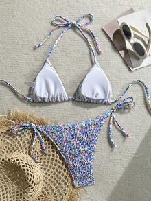 Swim Vcay Women's Summer Vacation Beach Ditsy Floral Halter Bikini Set - Multicolor - View 2