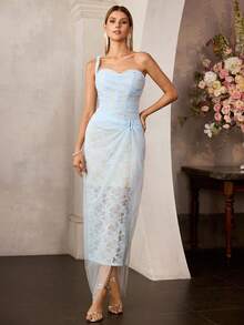 MOTF Soiréza WOMEN'S ELEGANT LONG DRESS WITH LACE EMBROIDERY, PLEATED STRUCTURE DESIGN, SLIM FIT, SUITABLE FOR FORMAL OCCASIONS - Baby Blue - View 5