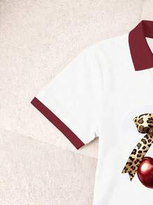 Resyla 女士休闲樱桃印花撞色滚边 Polo 领短袖上衣，夏季 - 白色 - 查看 3