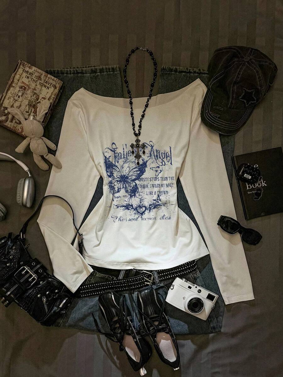 SHEIN EZwear Autumn New Oversized Scoop Neck Oblique Shoulder Ruffle Hem Printed Long Sleeve Sexy Asymmetric-Shoulder Pullover T-Shirt, Butterfly Print Pattern Long Sleeve Graphic Tshirt Women Long Sleeve Top Butterfly Graphic Tee Graphic Long Sleeve T-Shirt Vintage Graphic Long Sleeve - Multicolor - View 1