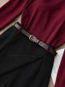 Franclia 休闲百搭通勤黑色圆领长袖上衣搭配卡其色短裤/半裙（含腰带），女士两件套，春秋季 - 黑色 - 查看 3