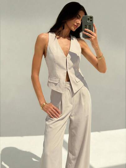 Aloruh 女士休闲优雅露背亚麻质感两件套，适合日常通勤和夏季穿着