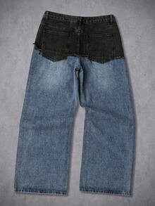 Manfinity EMRG Men's Casual Fashion Street Frayed 2 In 1 Rhinestone Embellished Loose Wide-Leg Jeans - Blue Black - View 2