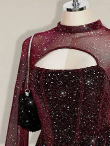 SHEIN ICON 大码女式亮面网纱长袖镂空设计优雅时尚连衣裙 - 酒紅色 - 查看 5