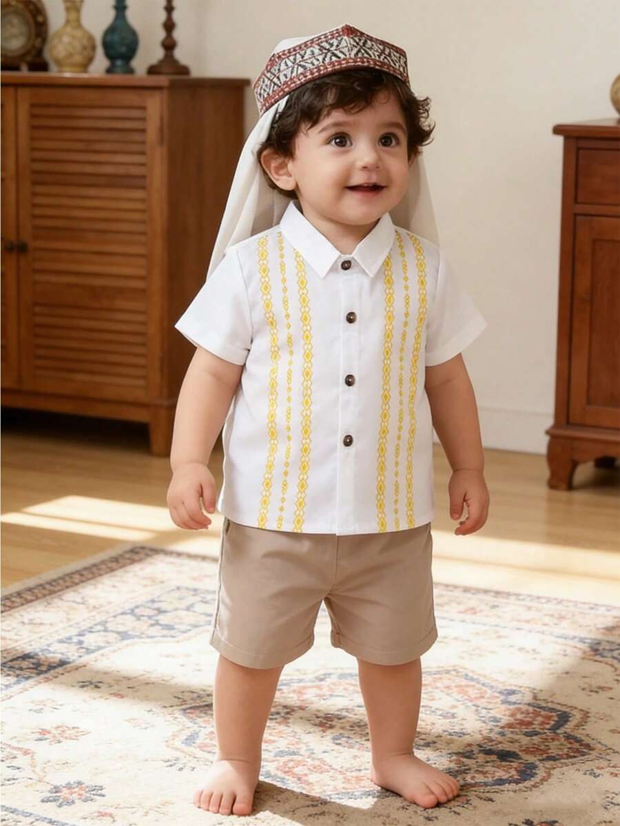 2pcs Baby Boy Summer Modest Family Matching White Single-Breasted Short Sleeve Polo Shirt With Diamond Pattern Print And Elastic Waist Shorts Set - Multicolor - View 1