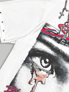 ROMWE MEN Street Life 男士休闲圆领短袖T恤，印有人物和链条图案 - 白色 - 查看 3