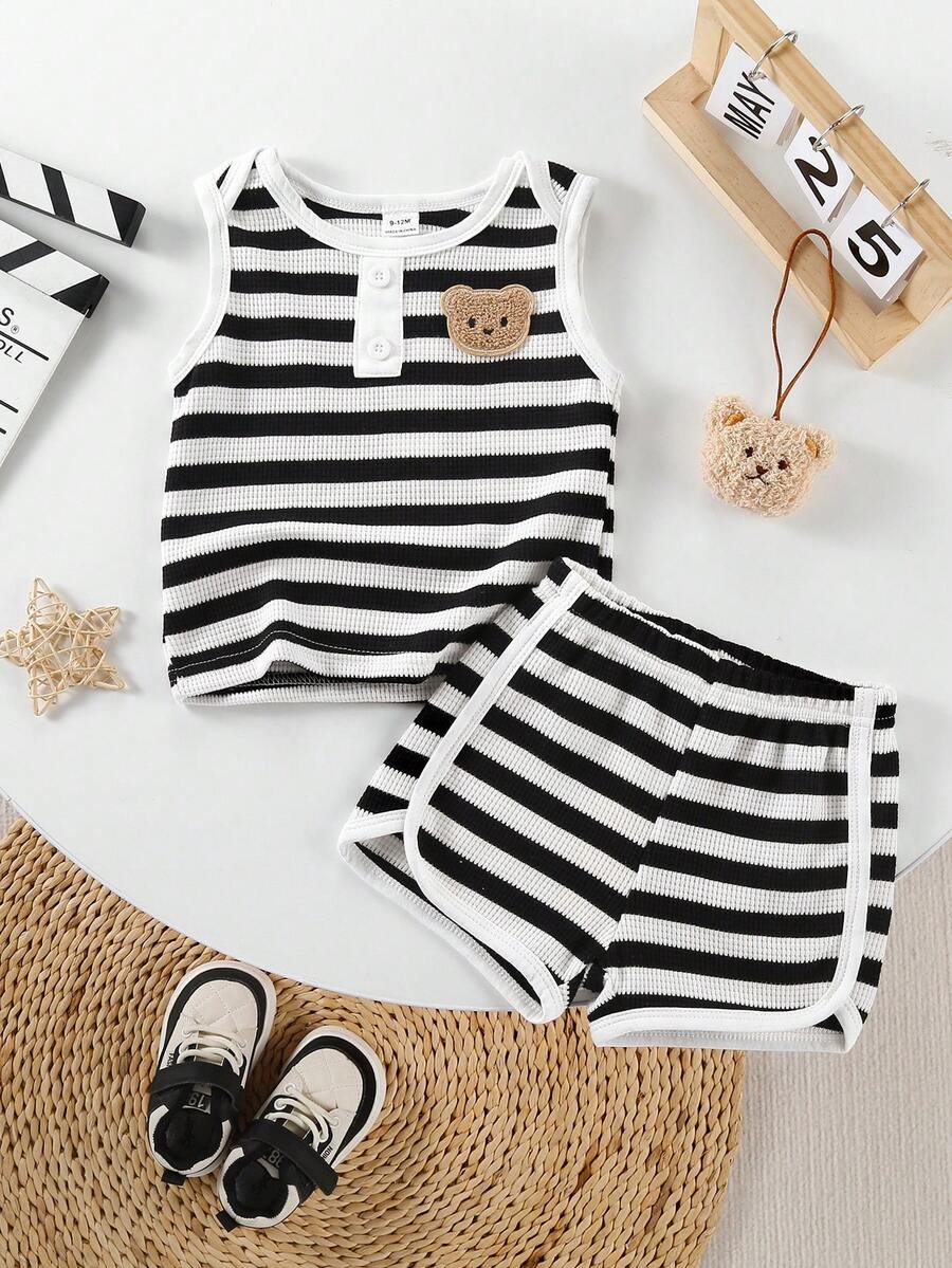 Baby Boy Black And White Striped Bear Embroidered Sleeveless Top With Shorts, Casual 2pcs Home Outfit
