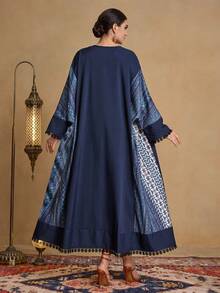 Al Najma Women's Navy Blue Vintage Floral Contrast Lace Trim Long Cardigan Abaya - Multicolor - View 2