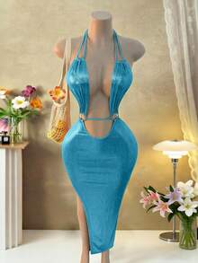 BamGleam Đầm hở lưng tối giản màu trơn cho nữ mùa hè - Màu xanh lam - Xem 1