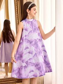 SHEIN Tween Girl Elegant A-Line Stand Collar Sleeveless Dress,Purple Lavender Lilac Princess Partywear For Kids,Light Blue And White,Summer,Elegant,Party - Purple - View 6