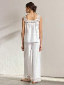 Ocili Women's Contrast Lace Sleeveless Button-Up Top And Pants Pajama Set - White - View 4