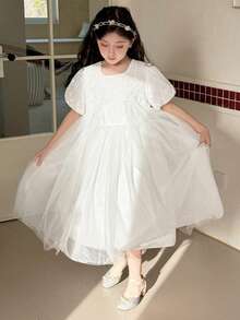DAZY Tween Girl Floral Embroidery Pattern Mesh Patchwork Crew Neck Puff Sleeve Party Dress Summer - White - View 6