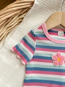 SHEIN 女婴可爱夏季休闲百搭针织彩色条纹短袖上衣和松紧腰裤套装 - 粉色 - 查看 3