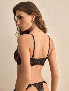 Charlaine 女士蕾丝拼接可调节肩带性感文胸 - 黑色 - 查看 4