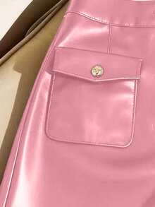 SHEIN Franclia Pantalones cortos casuales de mujer de unicolor con bolsillo y botones delanteros de PU - Rosa - Ver 3
