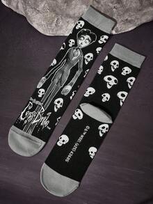 Corpse Bride X SHEIN 2双装柔软透气吸湿休闲中筒袜，时尚黑白船袜，加固袜头和袜跟，经久耐穿，男女通用，情侣四季皆宜，夏季冬季百搭，图案袜子 - 彩色 - 查看 9