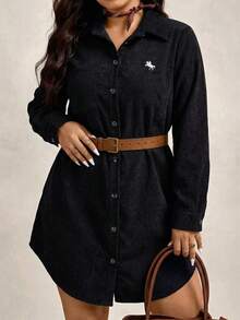 Zelara 大码复古硬币刺绣灯芯绒衬衫裙 女士黑色灯芯绒连衣裙 黑色西部衬衫裙 黑色纽扣连衣裙 女士衬衫裙 - 黑色 - 查看 3