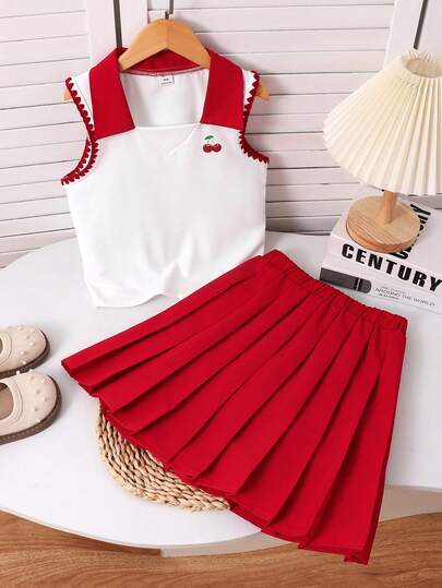 SHEIN Sparklyn Tween Girls' Summer Casual Cherry Print Trim Camisole And Pleated Skirt Set