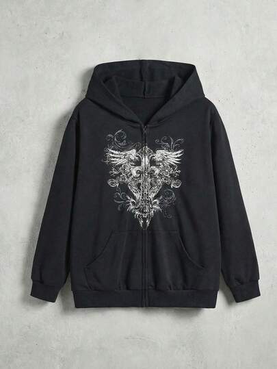 ROMWE Goth 加大码黑色鸢尾花翅膀印花金属环套头卫衣，秋冬加大码女式卫衣，宽松休闲女式卫衣，加大码女式黑色卫衣外套