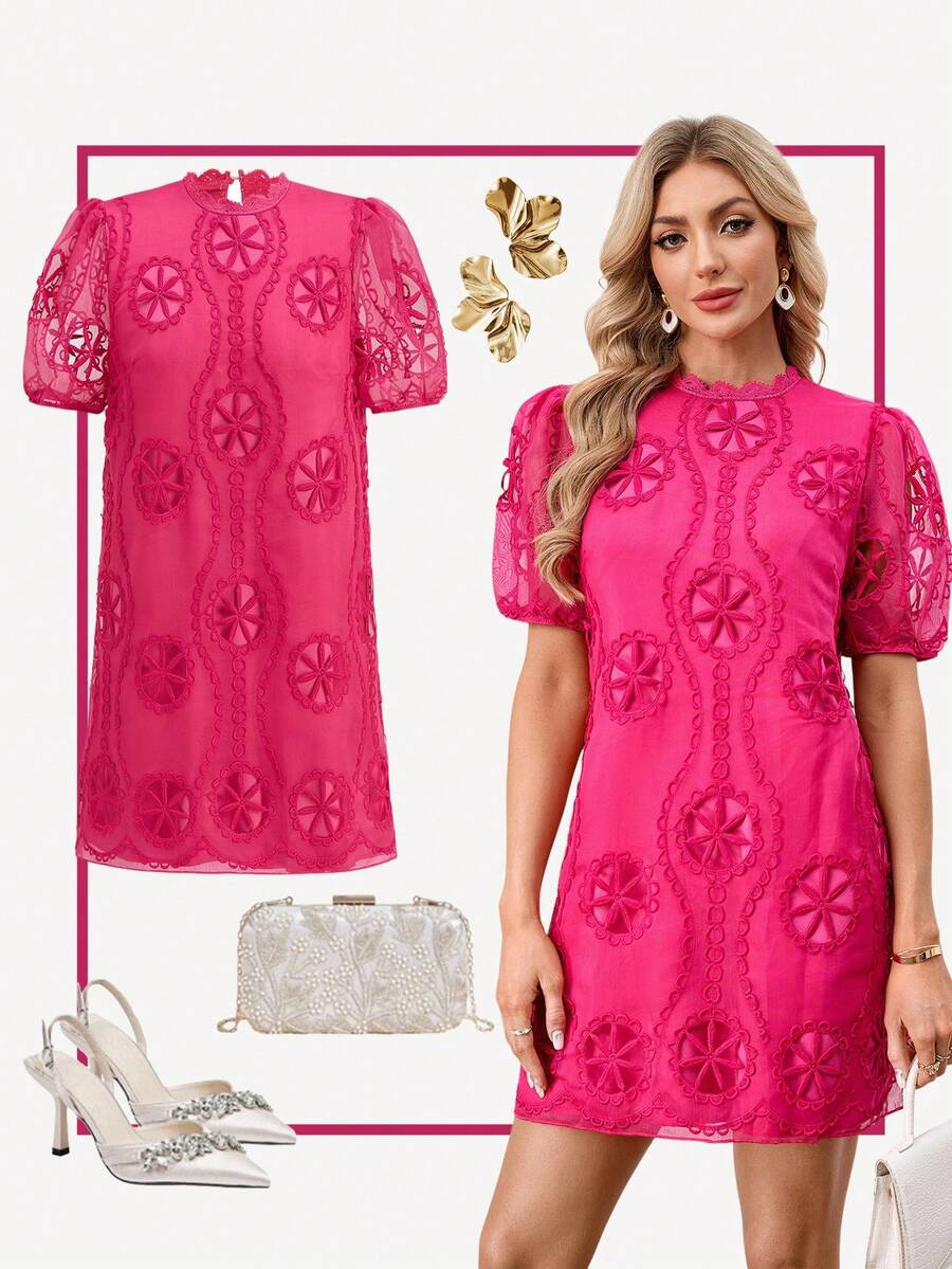 Ellevyn Elegant Lace A-Line Dress, Flattering For All Body Types,Valentine Day Dress,Red Dresses Classy Elegant - Hot Pink - View 1