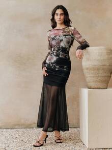 Anewsta Women's Elegant Black Floral Mesh Floral Print Round Neck Long Sleeve Fishtail Hem Slim Fit Autumn Party Night Maxi Sheer Dress - Black - View 2