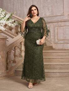 Aureia Plus Size Lotus Pink Beaded & Rhinestone Decor Ruffle Sleeve Lace Mermaid Formal Dress, Elegant Evening Gown - Army Green - View 6