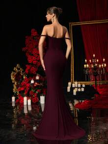 Glamrae Elegant Dark Gray-Green High Stretch Mesh Off Shoulder Evening Dress,Fishbone Trim Asymmetrical Split Metal Decor Fish Tail Formal Gown For Occasions - Maroon - View 3