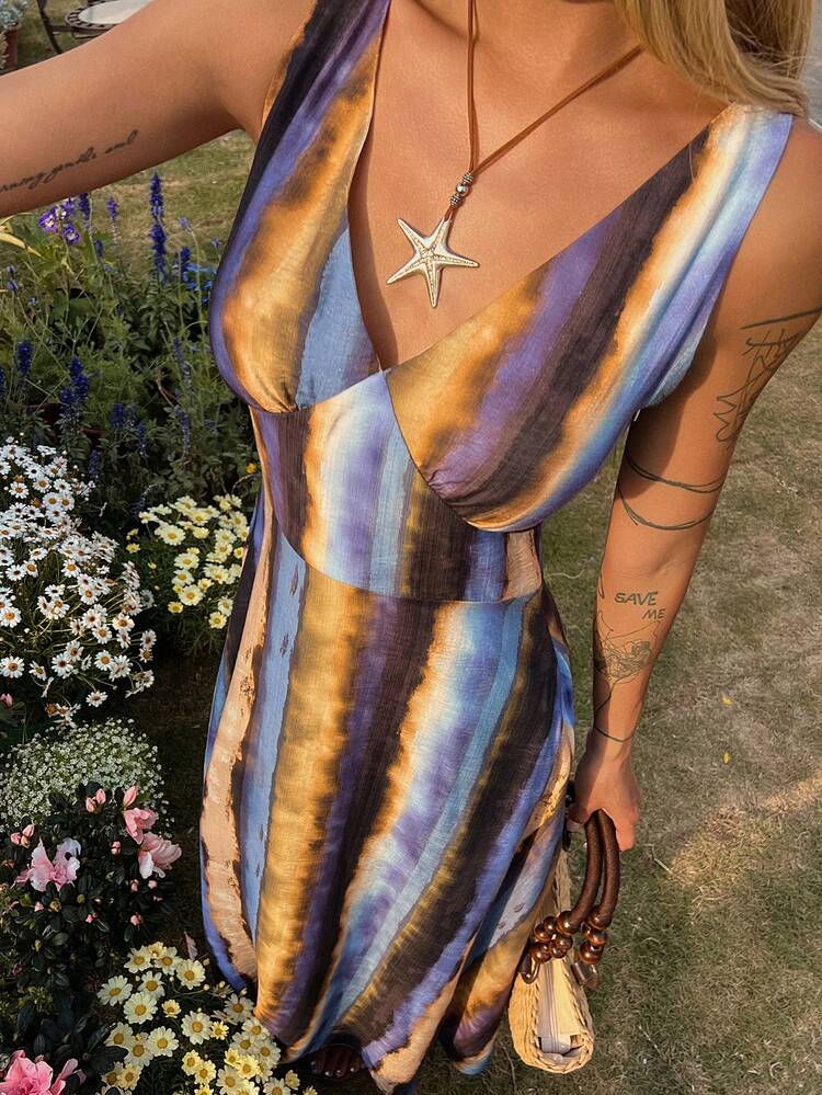 Women's Tie-Dye Print V-Neck Casual Vacation Sleeveless Dress Cruise Outfit For Women Sundress