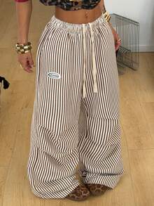 Coolane Women's Summer Basic Striped Wide Leg Sweatpants - Khaki - View 6