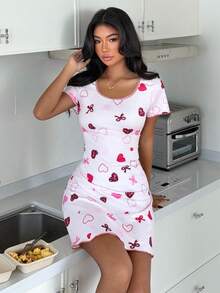 Women's Casual Heart Print Short Sleeve Nightgown, Summer - Pink - View 6