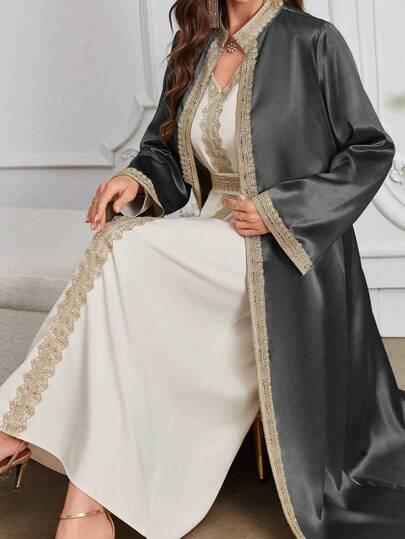 Al Najma Women's Water Soluble Lace Patchwork Dress With Outerwear, Muslim Fashion Abaya For Casual/Festival/Gathering/Travel