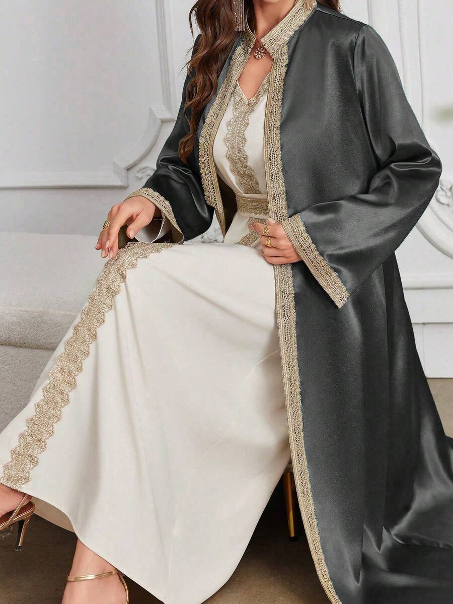 Al Najma Women's Water Soluble Lace Patchwork Dress With Outerwear, Muslim Fashion Abaya For Casual/Festival/Gathering/Travel - Dark Grey - View 1