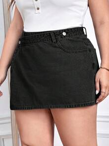 EMERY ROSE Plus Size Solid Color Slant Pocket Wrap Casual Denim Shorts - Dark Grey - View 4