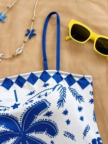 Soleia 一件女士蓝白热带棕榈树印花连体裤，优雅休闲沙滩度假装 - 藍白色 - 查看 4