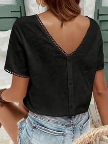 SHEIN Frenchy Heart Embroidery Contrast Lace Trim V Neck Tee,Summer Top - Black - View 4