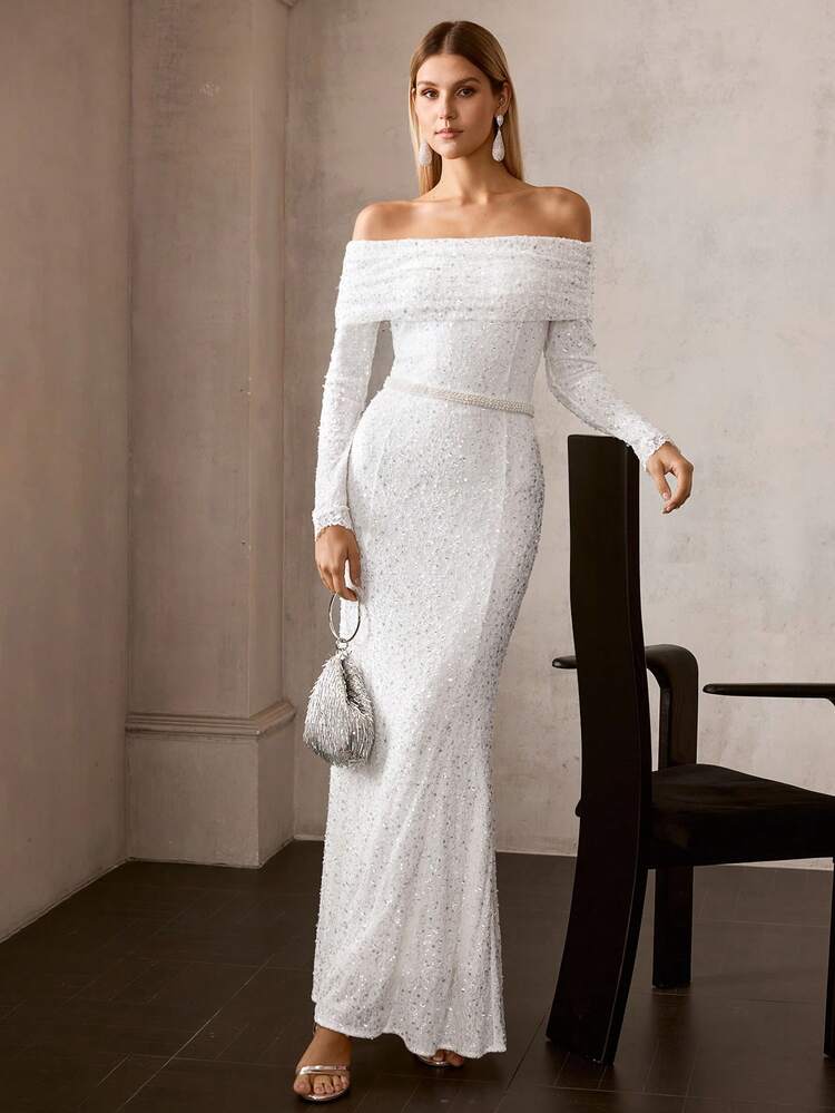 MOTF Soiréza WOMEN'S OFF-SHOULDER ELASTIC LACE BEADED EMBROIDERED LONG FORMAL GOWN