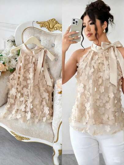 Modelyn Plus Size Women Floral Embroidered Mesh Romantic Elegant Camisole