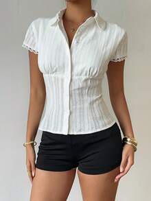 Aloruh Áo sơ mi nữ màu trắng trơn tay ngắn xếp ly eo, thanh lịch, phù hợp cho cả đi làm và dạo phố, đa năng cho mùa xuân/hè. - trắng - Xem 5