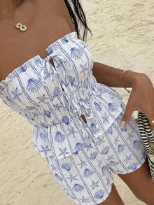 Sunnyshic Áo croptop không dây vai, hở trước, buộc dây phía sau, viền bèo nhún, chất liệu vải lanh in họa tiết sao biển và vỏ sò màu xanh dương, thích hợp cho nữ mùa xuân/hè, đi biển, phong cách boho, thanh lịch, ngọt ngào, tối giản, cổ điển, thường ngày, hẹn hò, đa năng. - Màu xanh lam - Xem 3